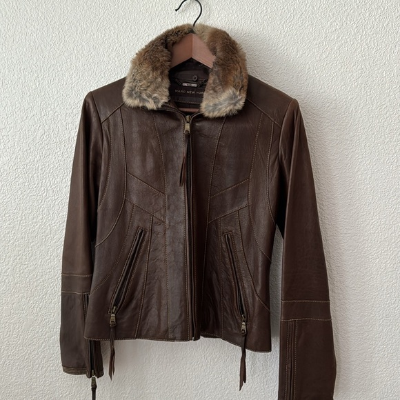 XS Marc New York Genuine Leather Brown Zip up Bomber Jacket removable fur collar - Picture 9 of 13